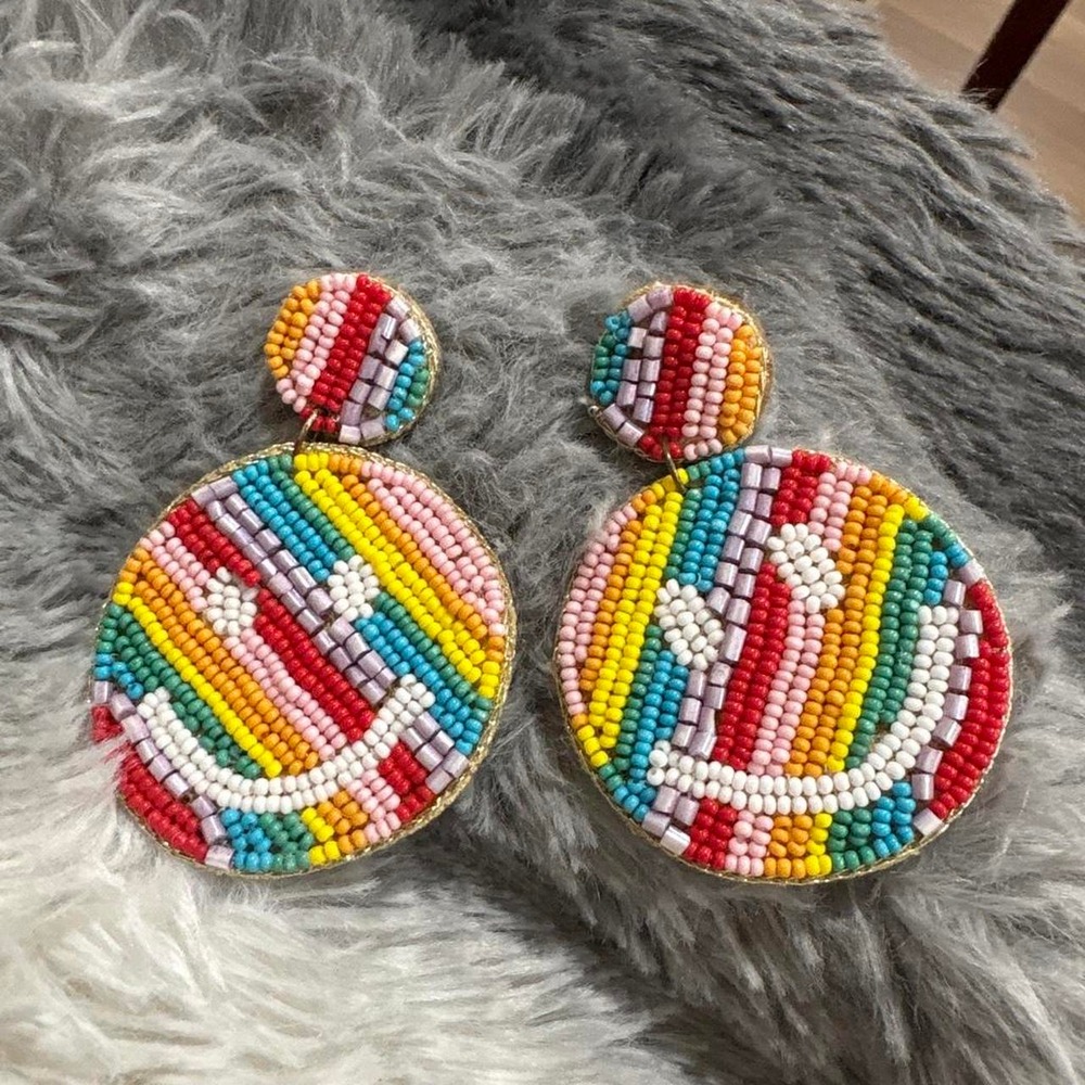 Handmade Beaded Earrings Women OS Multicolor Excellent Rainbow Smiley Heart Drop